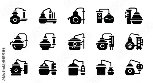 Collection of Industrial Machinery Icons in Various Configurations and Views