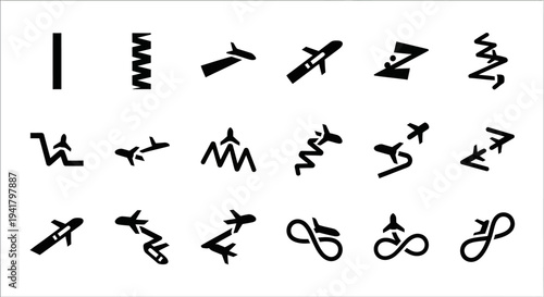 Collection of abstract black silhouettes representing various shapes and motions on a clean background