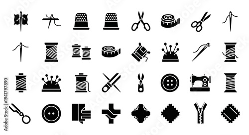 Sewing and tailoring icons collection displayed on a white background from a straightforward viewpoint