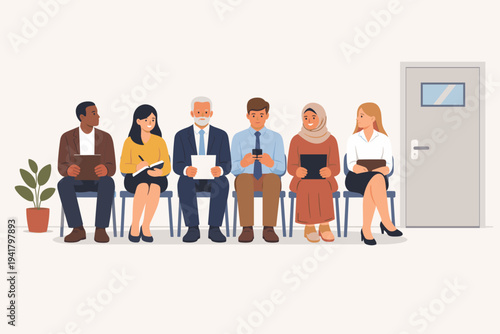 Diverse Group of Professional Candidates Sitting in a Row Waiting for a Job Interview. Men and Women of Various Ethnicities and Ages Holding Resumes and Folders in a Modern Office Waiting Area.