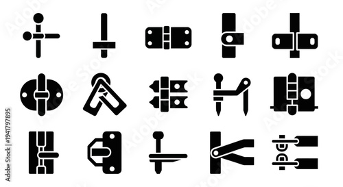 Collection of various black door and window hardware icons on a clean white background from a straightforward viewpoint