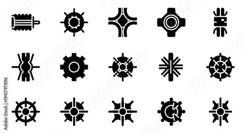 A collection of 16 black abstract symbols and icons on a plain white background, viewed directly from the front.