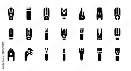 Collection of various black silhouettes of tools and objects on a plain background viewed from directly above