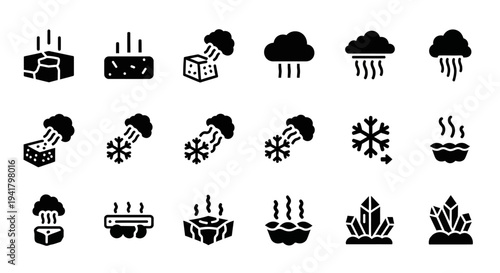 Weather Forecast Icons Set Displaying Various Climatic Conditions and Atmospheric Phenomena in Black Silhouettes