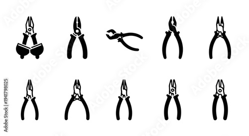 Collection of assorted pliers displayed on a clean white background from a straightforward viewpoint