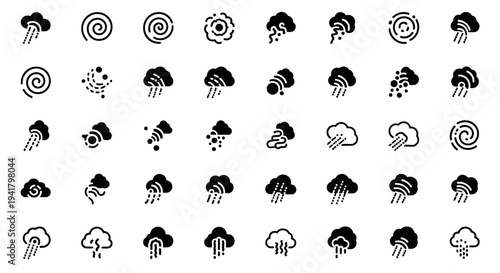 Collection of weather icons depicting various cloud and rain symbols in black and white illustrations