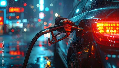 A gas pump nozzle is inserted into a car's fuel tank on a rainy night at a city gas station