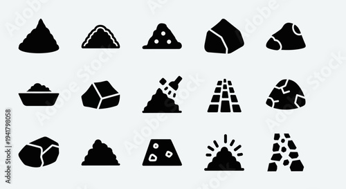 Collection of various black mineral icons on a plain background, showcasing different shapes and textures in a grid layout.