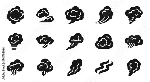 Collection of various weather condition icons depicting clouds and storms from different viewpoints