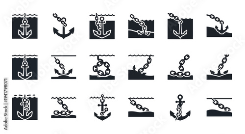 Collection of various black and white anchor illustrations on a grid showcasing different styles and designs