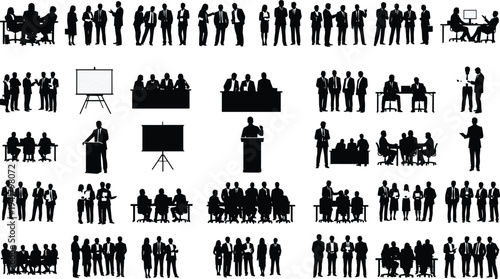 Business people silhouettes collection, corporate team meeting presentation poses set, office worker shadow figures isolated professional illustration bundle