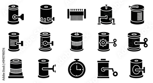 Collection of Industrial Machinery Icons Featuring Coffee Grinders and Timers from an Overhead Viewpoint
