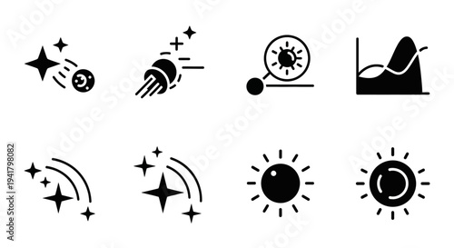 A collection of simple black icons depicting celestial bodies and abstract shapes on a plain background viewed from a straightforward perspective