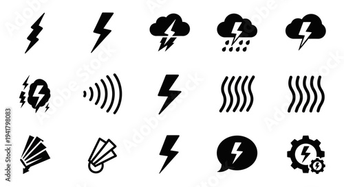 Set of black icons depicting various weather conditions and energy symbols on a plain background from a straightforward viewpoint