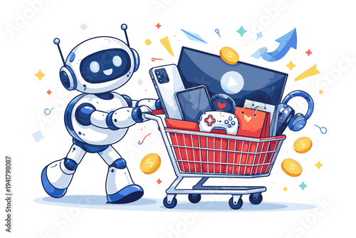Vector Illustration of a Friendly Robot Pushing a Red Shopping Cart Filled with Gadgets, Mobile Phones, and Electronics, Symbolizing Artificial Intelligence in E-commerce and Smart Shopping