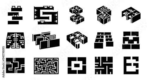 Collection of abstract 3D geometric shapes and mazes, icons, and puzzles displayed together in a grid layout.