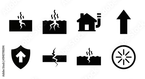 Collection of icons depicting safety and danger symbols in black and white, including warning signs and security emblems on a plain background from a straightforward viewpoint