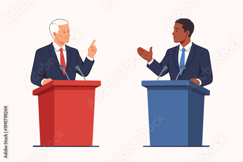 Flat Vector Illustration of Two Political Leaders in Suits Debating at Red and Blue Podiums During an Election Campaign, Representing Public Speaking, Government Policy, and the Democratic Process