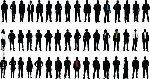 Business people silhouettes collection, corporate team standing poses, professional men and women group, office staff characters isolated on white background