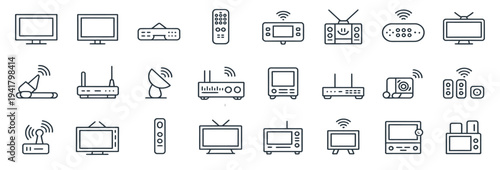 Collection of line icons representing televisions, routers, and remote controls.
