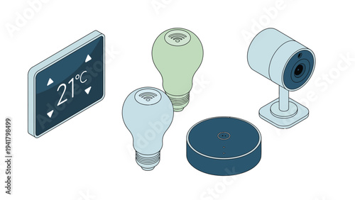 Isometric smart home devices: thermostat, smart bulbs, camera, and smart speaker.