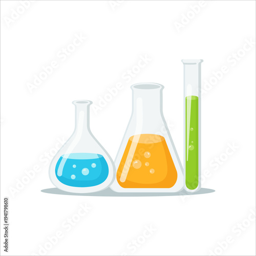 Laboratory glassware with colorful chemical liquids science experiment vector illustration