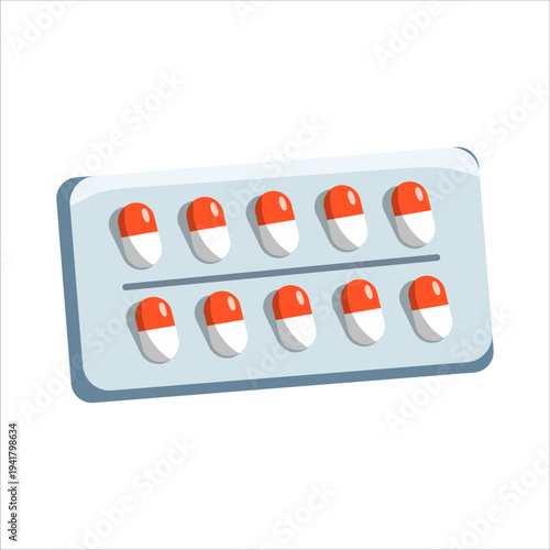 Blister pack with red and white capsules medicine pills pharmaceutical medication vector illustration