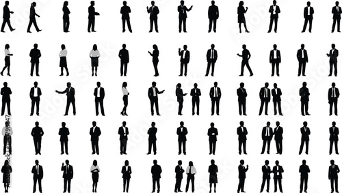 Business people silhouettes collection, professional men and women in suits standing talking and presenting, corporate figures isolated on white background
