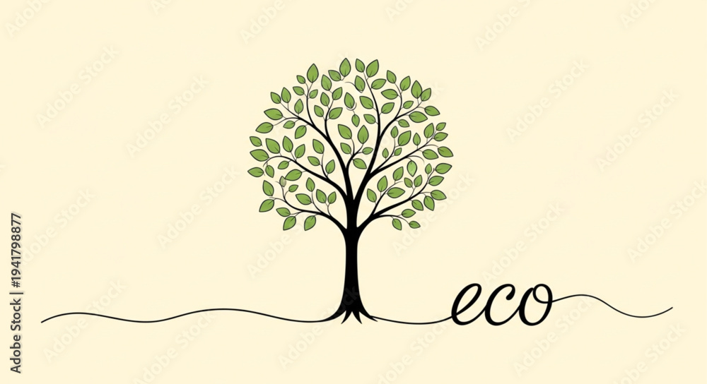 Obraz premium Eco-Friendly Tree Illustration with Green Leaves and Roots.