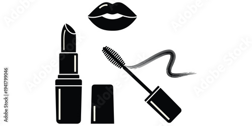 Cosmetic silhouette illustration set, black makeup design, lipstick mascara motif artwork, lips beauty symbol, fashion decorative motif, flat vector drawing