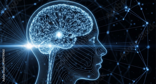 Digital Human Brain Illustration with Neural Network Connections.