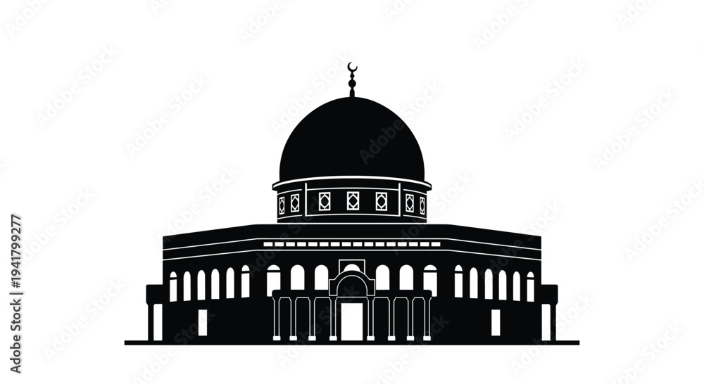 Obraz premium Black silhouette of a mosque with a large dome and columns, Generative AI.