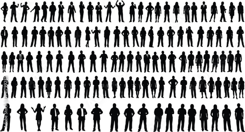 Collection of diverse people silhouettes, standing in rows, business men and women crowd characters, isolated human figures set, vector style