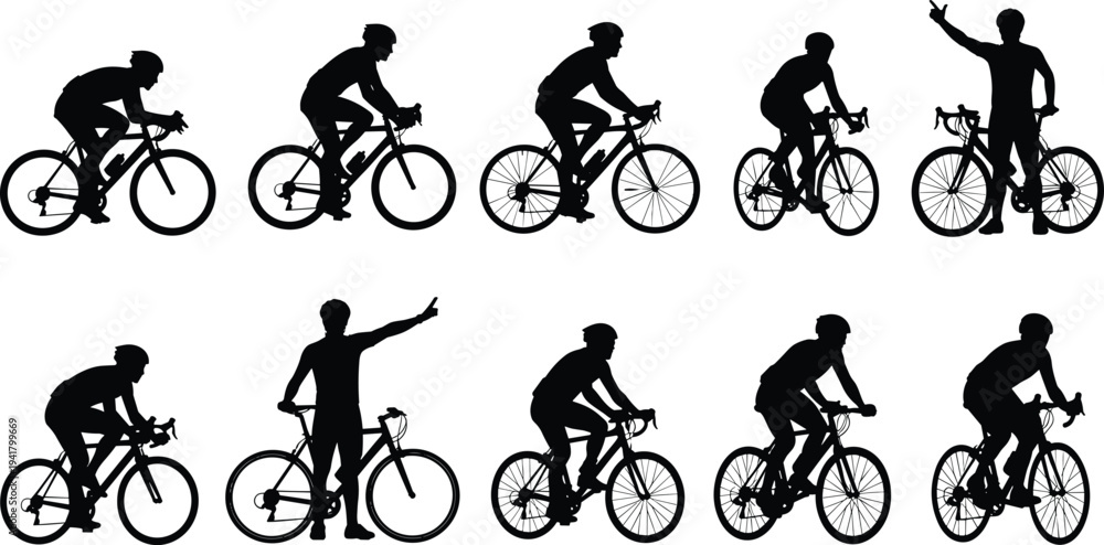 Fototapeta premium Cyclist riding bicycle silhouettes collection, road bike riders in different cycling poses, outdoor sport activity isolated athlete figures set