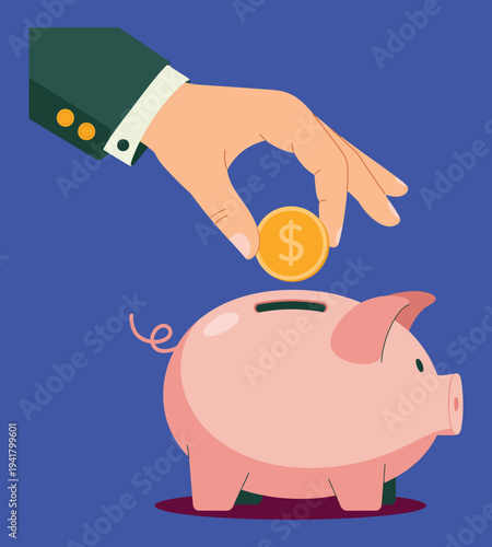 Hand putting golden dollar coin into pink piggy bank vector illustration for savings, investment, finance, and money management concepts