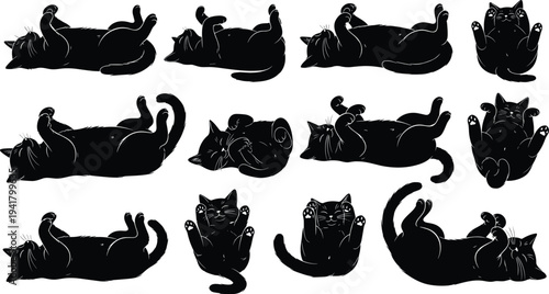 Cute cat silhouette collection, playful kitten lying and rolling poses, funny pet behavior set, black cat illustrations isolated on white background
