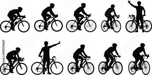 Cyclist riding bicycle silhouettes collection, road bike riders in different cycling poses, outdoor sport activity isolated athlete figures set