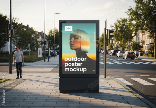 Modern town street vertical billboard advertising mockup