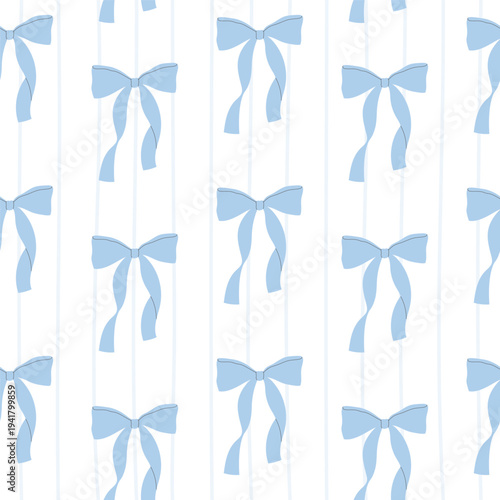 Seamless pattern of hand drawn blue bows and lines. Template for greeting card, invitation, poster, banner, wrapping paper.