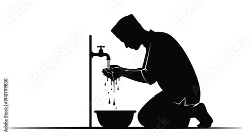 Man washing hands under a faucet into a bowl in a simple black silhouette, Generative AI.