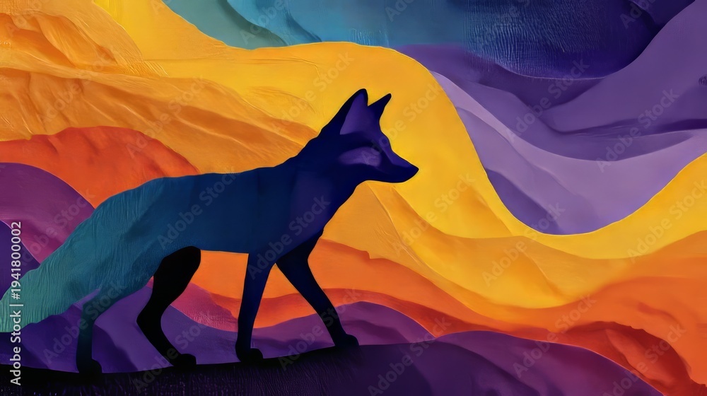 Obraz premium Abstract Silhouette of a Fox Against Vibrant Layered Textures in Colors