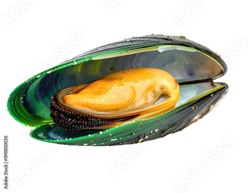 Vibrant green mussel shell opens to reveal plump, golden flesh