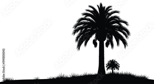 Silhouette of palm trees on a grassy hill against a, Generative AI.