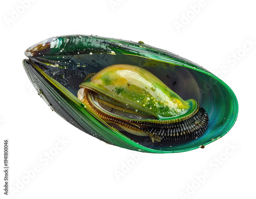A single green mussel opens to reveal its succulent yellow flesh, isolated on white