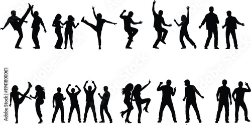 Dancing people silhouettes set, men and women party dance poses collection isolated on white background illustration for celebration and night life Dancing people silhouettes set