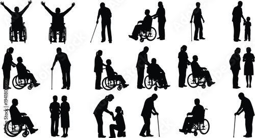 Disabled and elderly people silhouettes collection, wheelchair users and caregivers helping seniors, healthcare support figures isolated on white background illustration