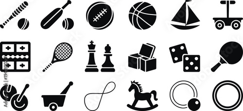 Black of toys and games equipment on white background