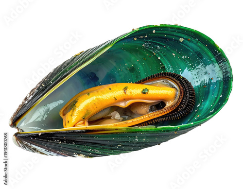 Open shell reveals vibrant green interior with golden mussel meat and garnish