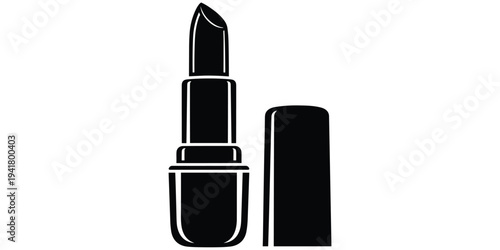 Lipstick silhouette illustration, black white cosmetic design, makeup beauty motif artwork, fashion product symbol, decorative motif, personal grooming artwork, flat vector drawing