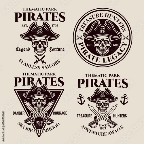 Vintage pirate theme park vector emblems with skull, sabers and nautical elements. Retro engraved style badges perfect for adventure branding, amusement parks and maritime designs